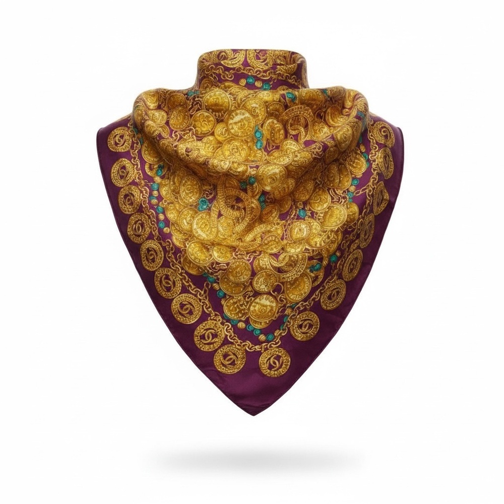 Vintage Chanel Silk Scarf in Burgundy with Gold Chain and Coin Detail - Picture 4 of 6